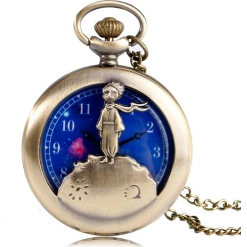 Fashion Classic The Little Prince Movie Theme Blue Starry Bronze Vintage Quartz Pocket Watch With Chain Christmas Gift Necklace