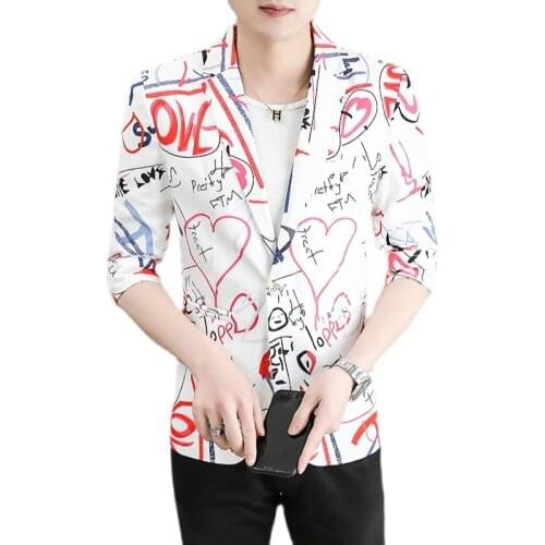 Blazer,Men Blazer Slim Fit,Korean Summer Mens Suit, Small Three-Quarter Sleeve, Print, Single Button,Pocket Trim,3 Colors,M-3XL