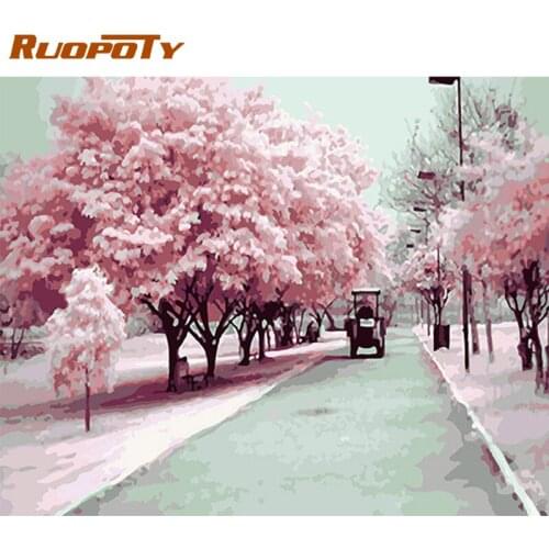 RUOPOTY Frame DIY Painting By Numbers Cherry Blossoms Landscape Coloring By Numbers Acrylic Paint On Canvas For Home Decor Gift