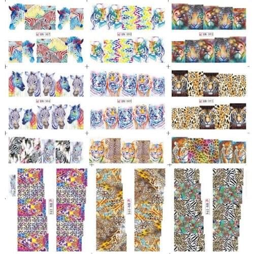 Hot sale BN085-096 Colorful Leopard Animal Water Decal 12 Pattern Snake Water Transfer Nail Sticker 12 sheet/lot Nude Packing