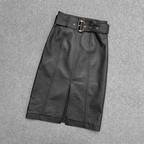 2021 Spring Autumn New Womens Sheepskin Skirt High Waist Bag Hip Skirt Is Thinner Vertical Slit Mid-Length Real Leather