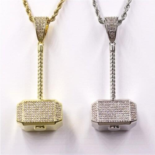 Hip Hop Micro Paved AAA CZ Zircon Bling Ice Out Thor Hammer Pendants Necklace Gold Silver Color for Men Rapper Jewelry Gifts