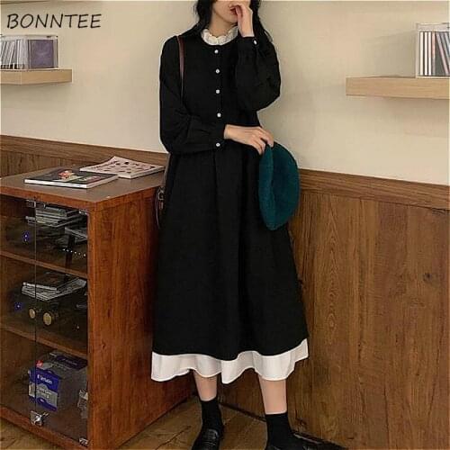 Dress women Vintage Black Chic Patchwork Spring Newest Korean Female Long Dresses Fashion Button Elegant Preppy Girls Oversize