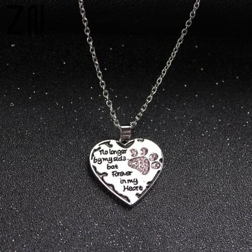 ZN Heart Shape "no longer by my side but forever in my heart" Pet Lover Pendant Necklace Dog Paw Print Tag Stamped Gifts