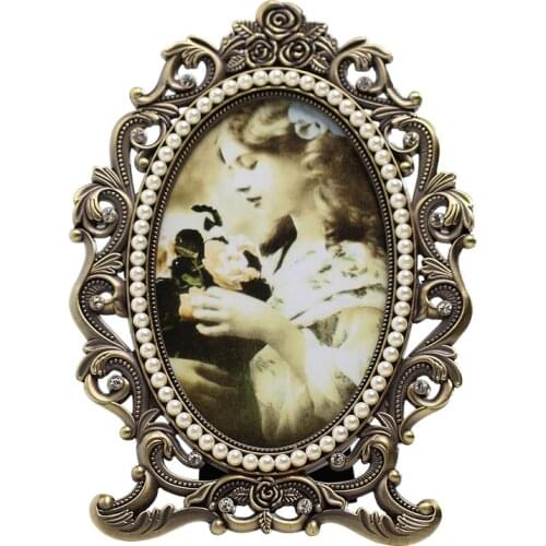 European Antique Brass Silver Plating Hollow Rose Flower With White Pearls Inlaid 4x6, 5x7 inches Oval Footed Metal Photo Frame