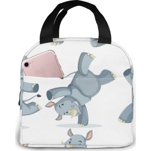 Rhinoceros Cartoon Character Cooler Bag Portable Zipper Thermal Lunch Bag Convenient Lunch Box Tote Food Bag