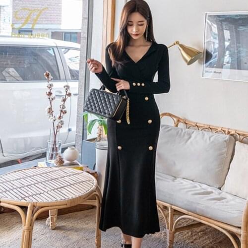 H Han Queen Elegant Double breasted mermaid Dress Women Autumn Sheath Office Wear Long Dresses Occupation Work Bodycon Vestidos