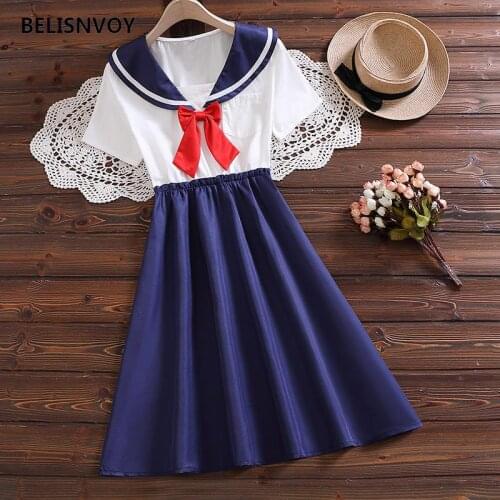 Harajuku Sailor Collar With Bowknot Navy Dress Japanese Lolita Sweet Girl Retro Kawaii Preppy Style Short Sleeve Dress Women