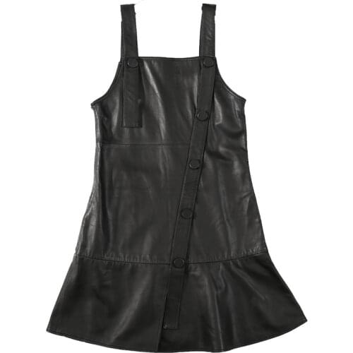 2021 Spring New Sheep Leather Dress Womens Long Style Fishtail Dress Condole Belt A Word Shoulder Thin Leather Strap Dress