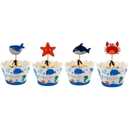 24pcs Cupcake Decoration 12pcs Wrappers 12pcs Toppers For Children Kids Sea Life Marine Animal Birthday Party Supplies