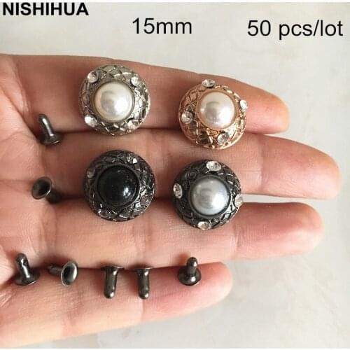 50 pcs -15mm Round Dome Metal Rivet Studs With Pearl and Rhinestones,Gold,Silver,Black Gunmetal,DIY Rivet Spike For Bags,Shoes