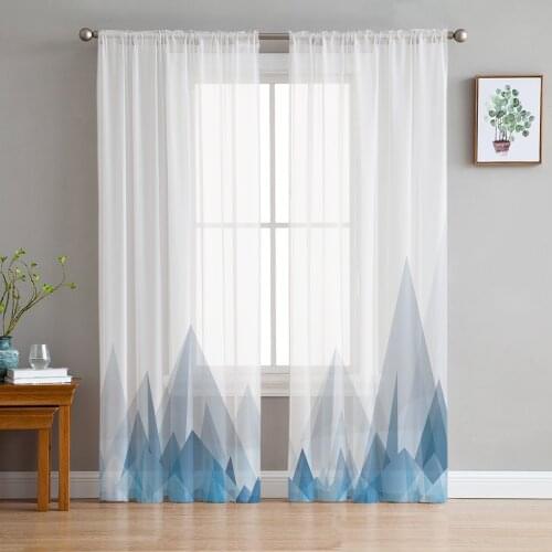 Abstract Blue Mountain White Chiffon Sheer Curtains for Living Room Bedroom Home Decoration Window Voiles Tulle Curtain