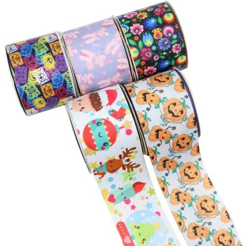 Flower Mexico Style Halloween Christmas Cartoon Printed Grosgrain Ribbon Party Decoration 10 Yard DIY Bow Bag Material Handmade