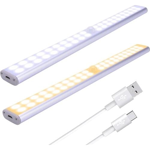Motion Sensor Under Cabinet Light USB Rechargeable LED Closet Light Long Magnetic Strip Night Lamp For Stairs Kitchen Wardrobe