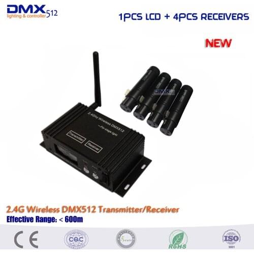 Dhl free shipping New 1pcs 2.4Ghz LCD Display dmx wireless transmitter and 4pcs Female DMX Receiver