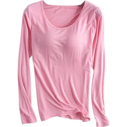 Long sleeves with chest pad TT-shirtBRA-tBra-free Cup all-in-one yoga underwear pajamas bottoming shirt