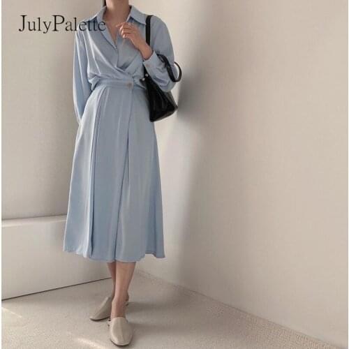 JulyPalette Elegant Ladies Long Sleeve Shirt Dress Spring Autumn Cotton Single Button Long Dress Casual Female Robe A-line Dress