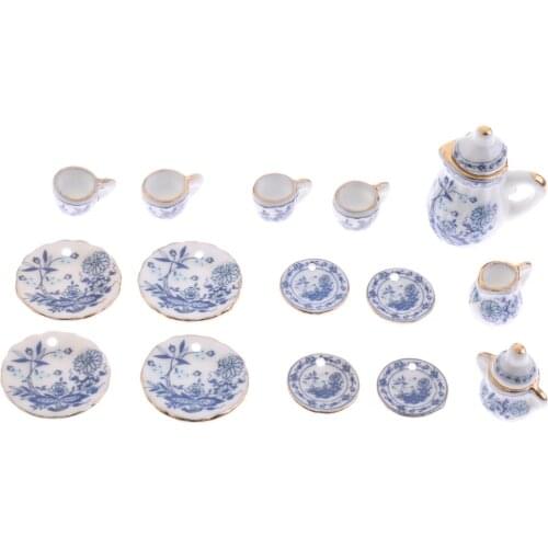 Classic 1/12 Dollhouse Miniature Blue Flower Ceramic Chinese Tea Set Coffee Wine Set Tableware Accessories Decor
