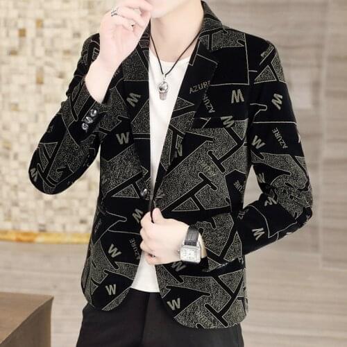 2021 Autumn Letter Print Blazers for Men Casual Suit Jacket One Buckle Slim Business Social Dress Coat Streetwear Male Clothing