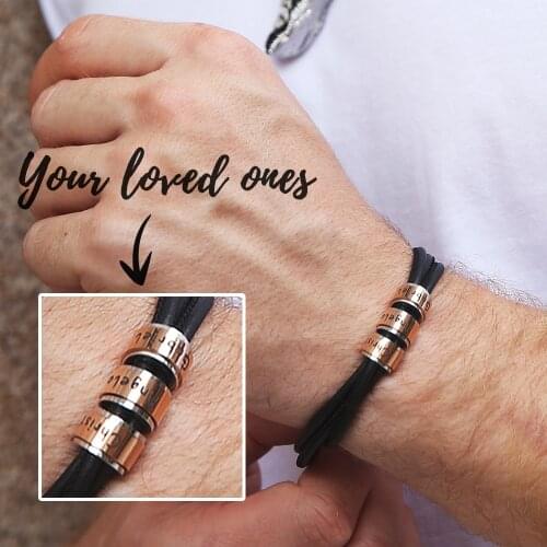 Personalized Chain Bracelet & Bangle For Men Boyfriend Fashion Wristband With Rotary Movement Bead Custom Engraved Family Names