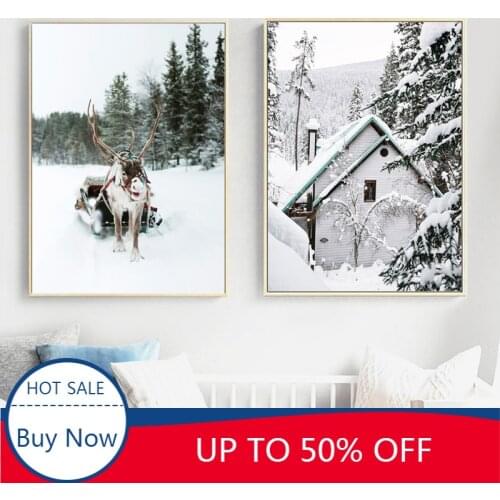 Warm Color Deer Pine Forest Snow Sence Winter Wall Art Canvas Painting Posters Print Pictures for Christmas Room Decoration