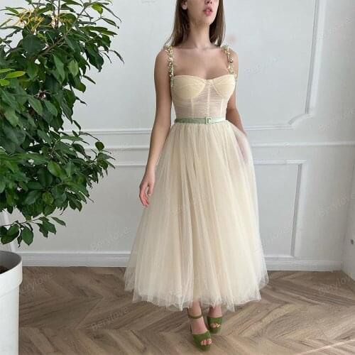 Berylove A line Evening Dress Pearls Flower Spaghetti Strap Party Dresses Tulle Tiered Sweetheart Neck Prom Dress Elegant Gown