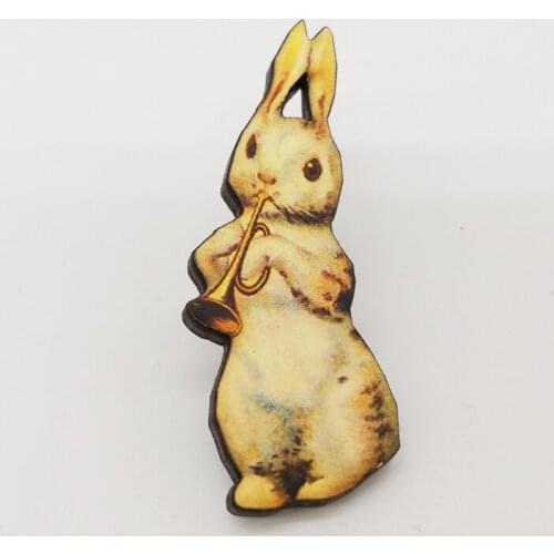 Vintage Rabbit Brooch Wood Animal Music Badge Cute Wooden Pin Retro Jewelry Goth