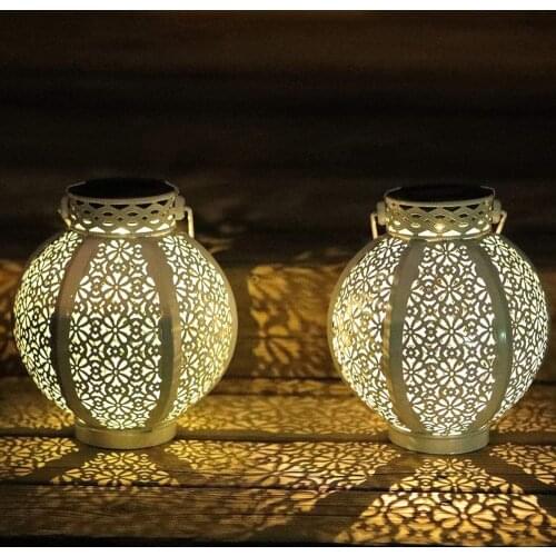 Solar LED Light Iron Hollow Lantern Light Handheld Hanging Projector Lamp Solar Light Outdoor Decorative Lamp for Garden Yard