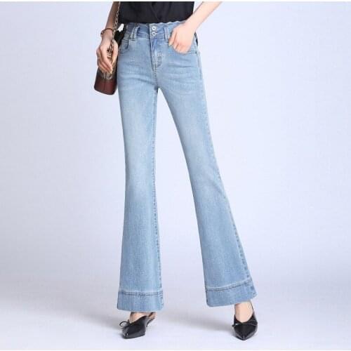 Free Shipping 2019 Womens New Spring Autumn High Waist Bell-bottom Jeans office lady Stretch Large Size Flare Pants