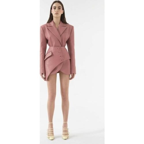 Womens Set Pink Long sleeve Coat With Unilateral Skirt Mini Two Pieces Set Elegance Female Party Set