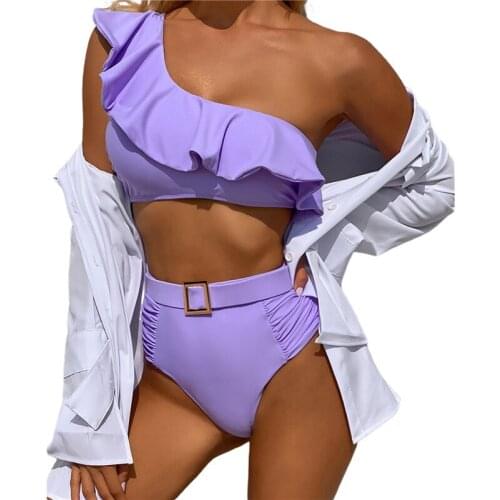 Lady Sexy One Shoulder Bikini Set 2021 Solid Purple Sleeveless Oblique Shoulder Swimsuit For Women Classic Bare Midriff Swimwear