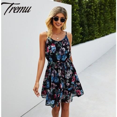 TREMU O-Neck Print Floral Slip Dress Womens Camisole Summer Spaghetti Strap Sexy Mini Dresses
