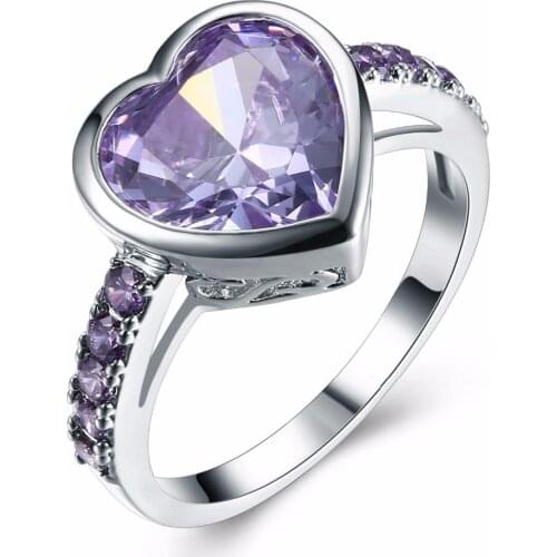 Women Party Ring with Purple stones Setting with Cubic Zirconia Heart Engagement ring Free Shipping