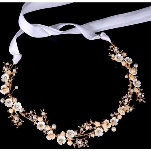 Handmade Gold Bride Flower Headpiece Girls Hair Jewelry Bridal Pearl Headbands Rhinestone Wedding Hair Band For Women