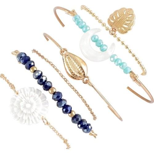 6 Pcs/ Set Bohemian Shell Bracelets Set Women Moon Leaf Beads Chain Pendant Gold Bracelet Party Ethnic Jewelry Accessories
