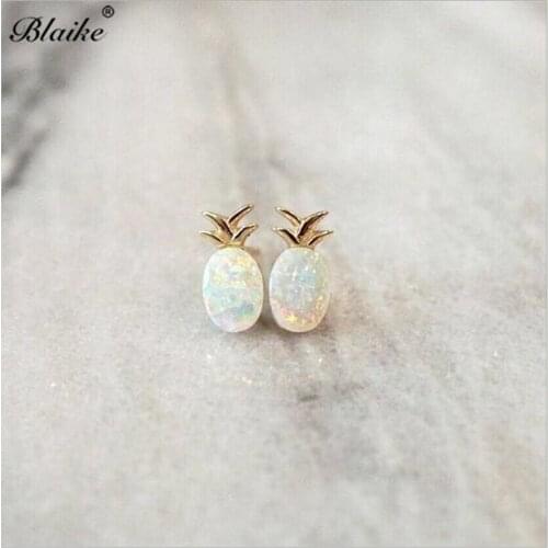 Blaike Silver Color Stud Earrings Cute Opal Pineapple Stud Earrings Dainty Princess Cut Yellow Crystal Earrings For Women