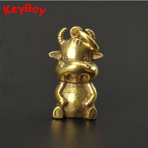 Pure Copper Cute Cartoon Bull Keychain Pendant Brass Cattle Car Key Chain Rings Hanging Lucky Keyring Accessories Children Gifts