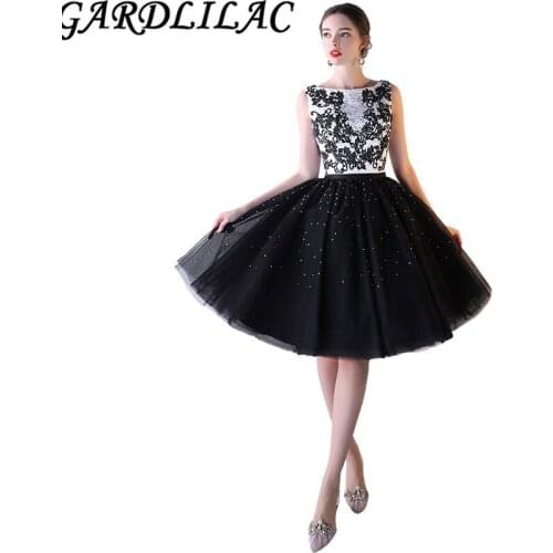 Gardlilac Black Sleeveless Ball Gown Short Homecoming Dress with Crystals Stain and Tulle Applique Short Graduation Dress