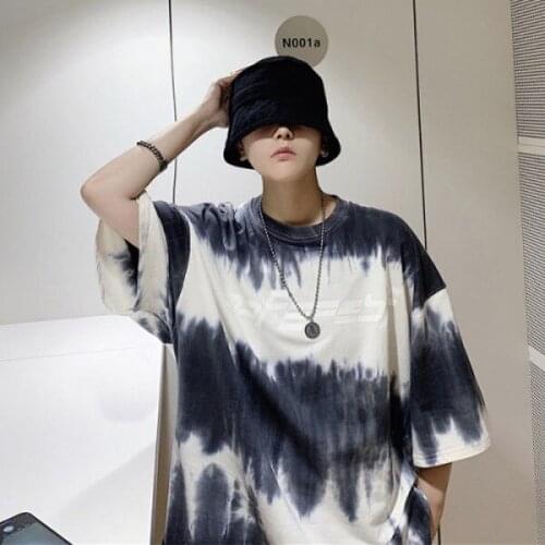 Summer gradient tie-dyed short-sleeved T-shirt male and Korean loose personality five-and-a-half sleeve male trend top