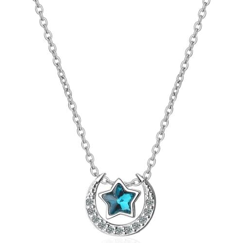 Hot Fashion Dazzling Azure Moon Star Zirconia Necklace For Women 925 Sterling Silver Necklace