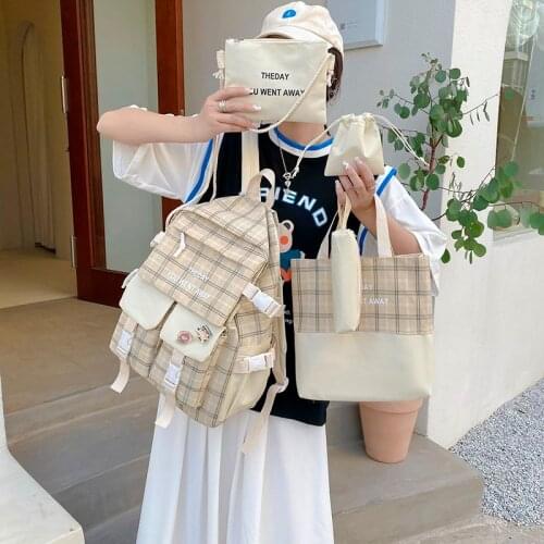 5-piece Set Fashion Womens Backpack Plaid Style School Bag For Girls Oxford Cloth Large Capacity Backpack With Many Pockets