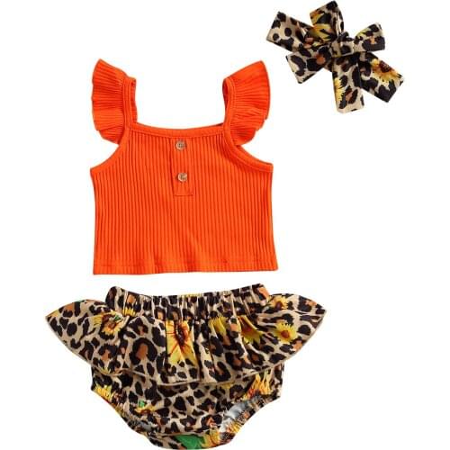 Newborn Baby Girl Clothes Set Summer Ruffle Sleeveless Tops+Leopard Shorts+Headband 3pcs Kids Girls Suit