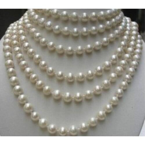 BEAUTIFUL!LONG 100 INCHES 8-9MM WHITE NATURAL PEARL NECKLACE AAA