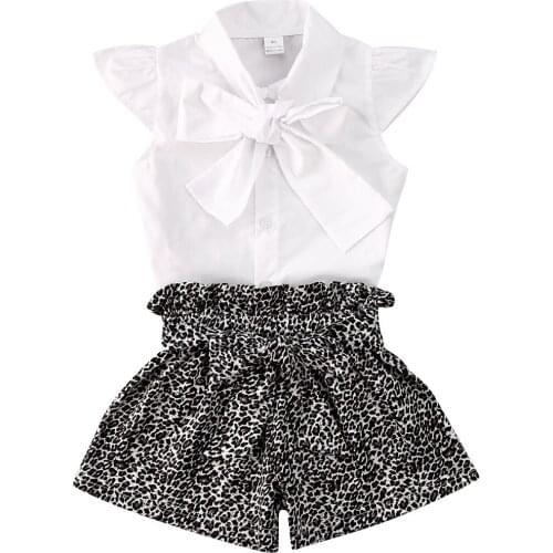 Summer Fashion Leopard Print Outfits 2PCS Vest White Top Shirt & Shorts Toddler Kids Outfit Set Clothing