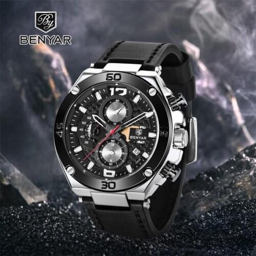 BENYAR 2020 New Watch Men Quartz Military Mens Watches Top Brand Luxury Fashion Chronograph Sports Men Watch Leather Wristwatch