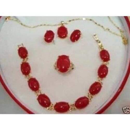 Set Red Jades Pendant Bracelet Earring Ring Sets