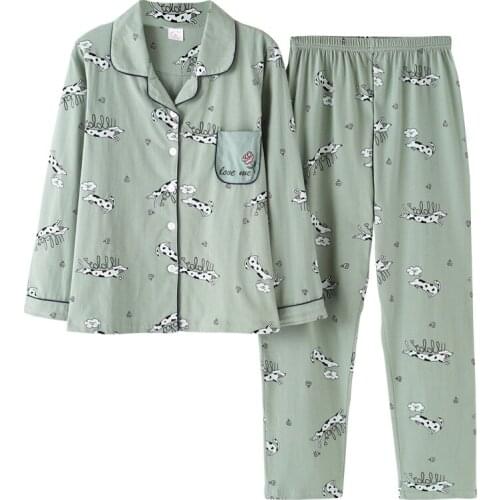 New Autumn Winter Cotton Female Sleepwear Cartoon Cute Women Pajama Set Long Sleeve Cardigan Loose Plus Size 3XL Girls Nightwear