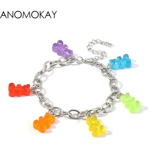 Anomokay New Arrival Colorful Little Bear Pendant Link Bracelet Candy Color Cute Bear Chain Bracelet for Child Jewelry Gift