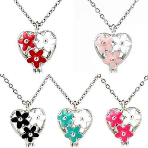 Heart Flower Beads Cage Pendant Perfume Diffuser Pearl Cage Enamel Locket Necklace 5colors to choose