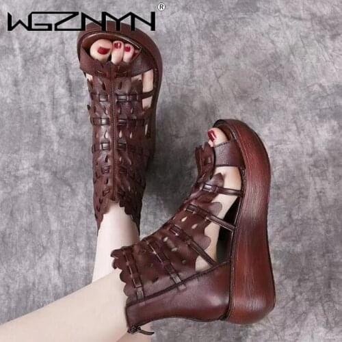 NEW Women Wedges Sandals Peep Toe Behind Zipper Gladiator Sandals Women Genuine PU Leather Casual Platform Sandals Summer Shoes